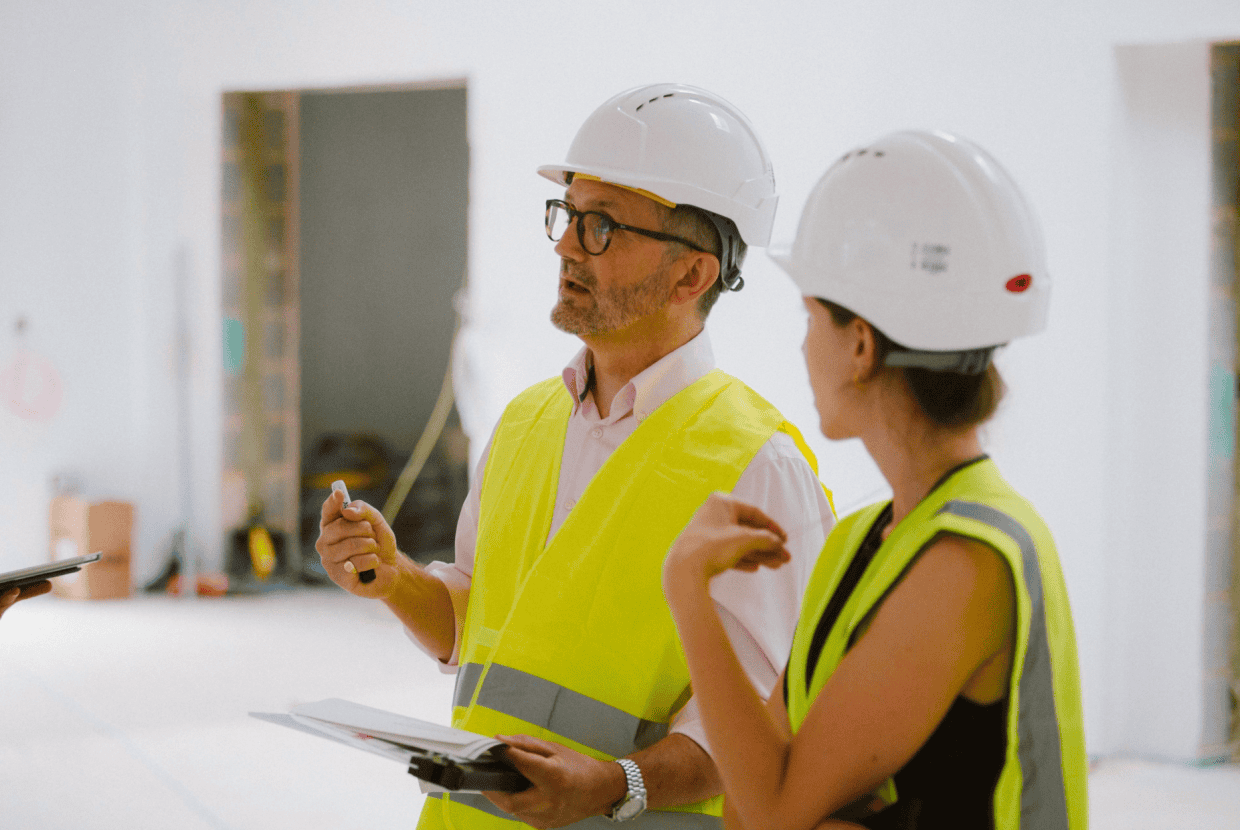 Jon Broome wearing a hard hat and high visibility vest speaking with a colleague on a construction site.