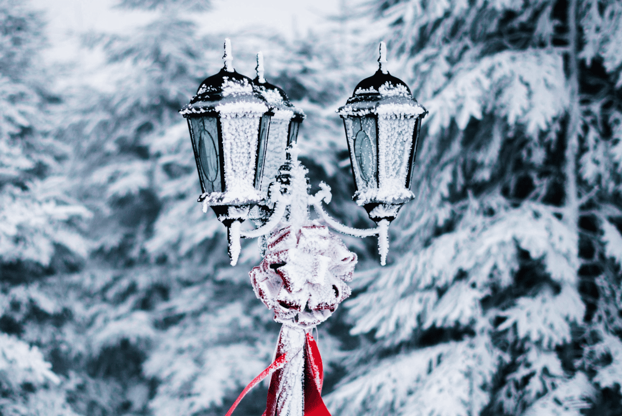 Decorative street lamp covered in frost and snow with a red ribbon, set against snowy trees in a winter landscape.