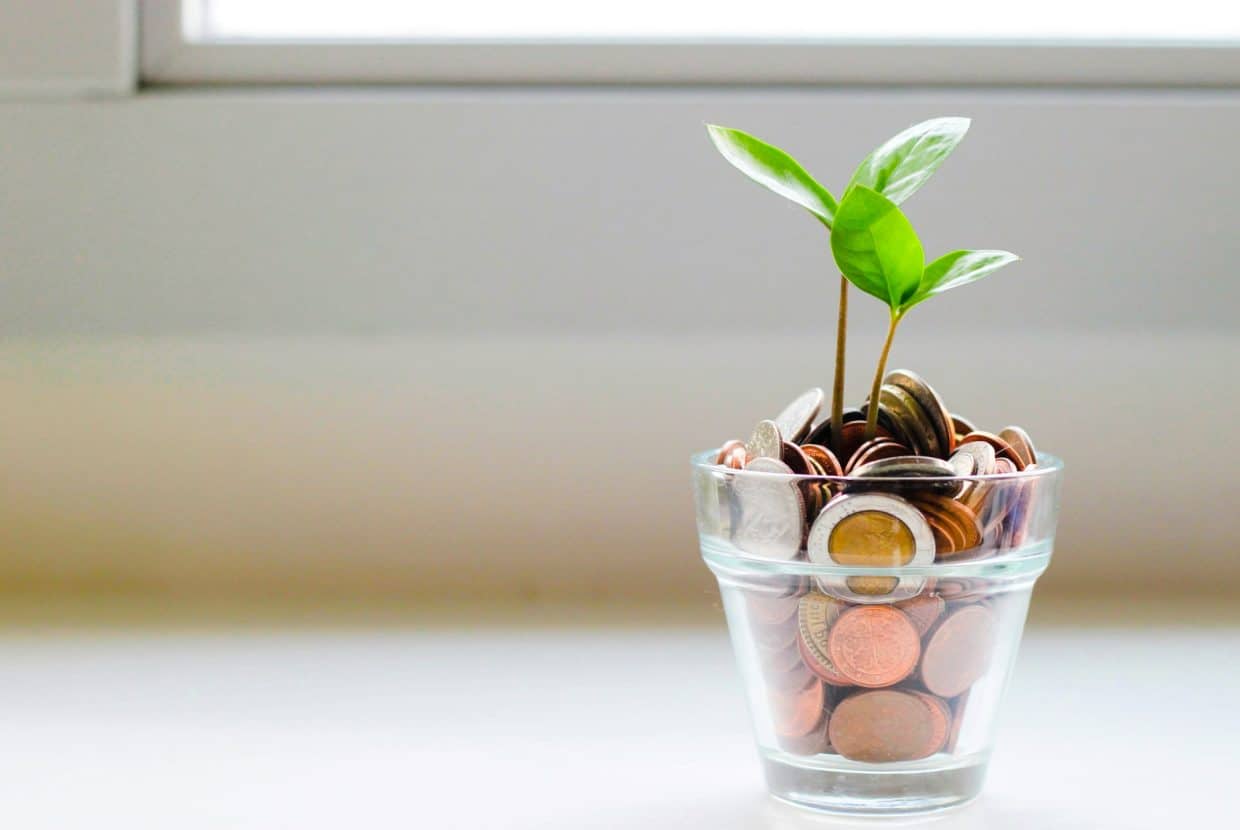 A small green plant growing from a glass filled with coins, symbolising financial growth or investment.